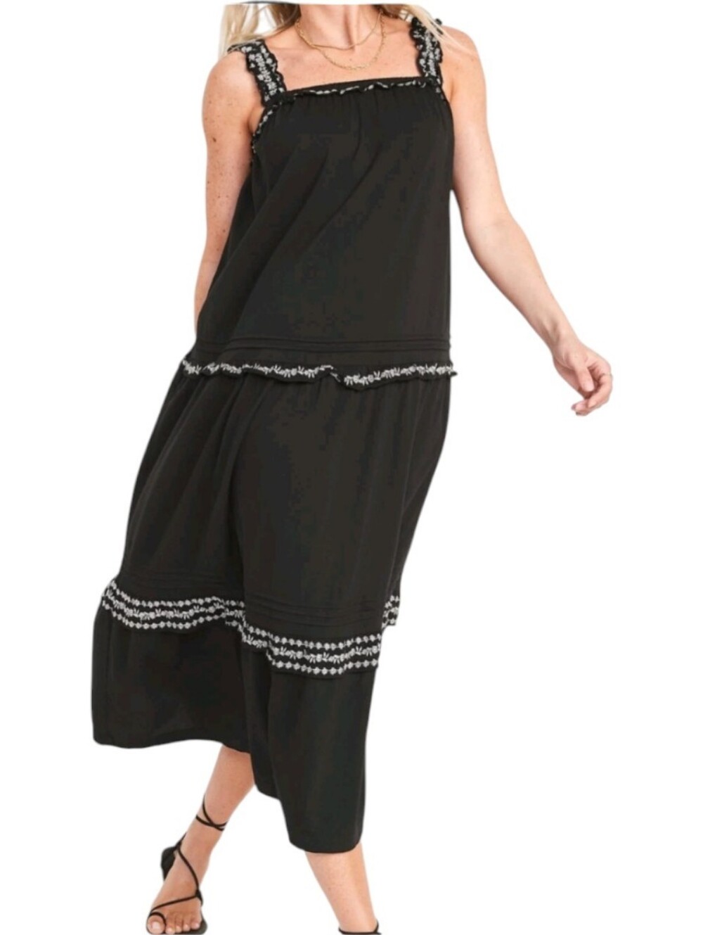 Old Navy Black Jack Embroidered Tiered Ruffled Neck Swing Midi Cotton Dress 2X